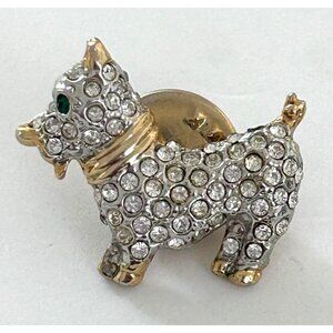 Vintage Scottie Dog Rhinestone Brooch Pin Gold Tone Green Eye